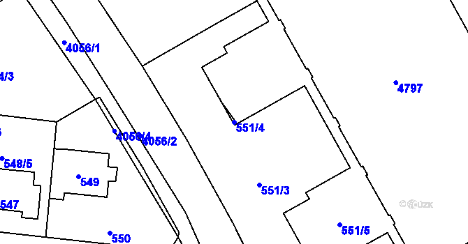 Parcela st. 551/4 v KÚ Modřany, Katastrální mapa