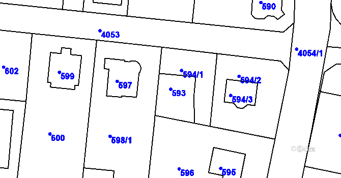 Parcela st. 593 v KÚ Modřany, Katastrální mapa