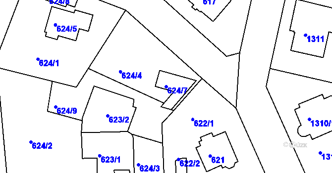 Parcela st. 624/7 v KÚ Modřany, Katastrální mapa