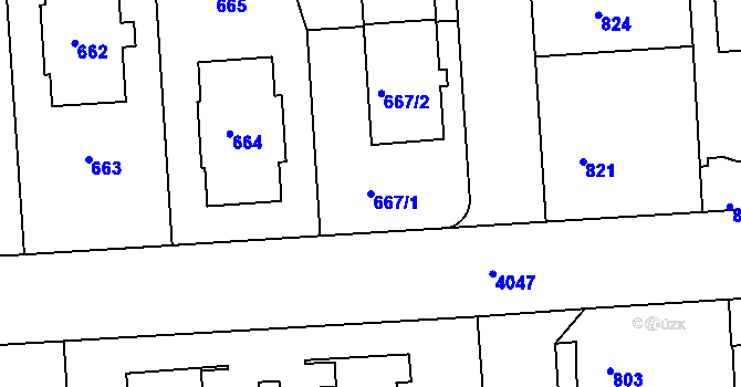Parcela st. 667/1 v KÚ Modřany, Katastrální mapa
