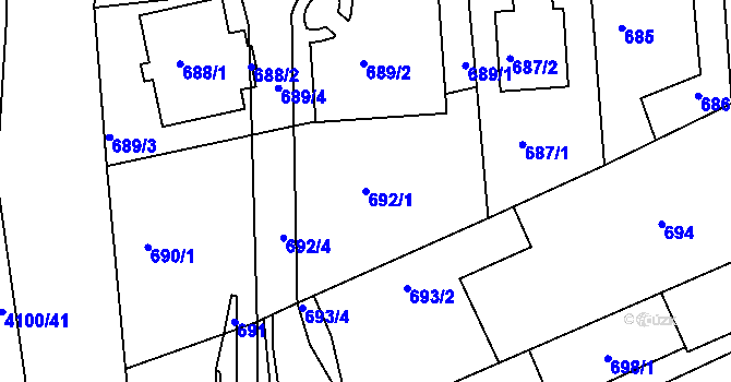 Parcela st. 692/1 v KÚ Modřany, Katastrální mapa