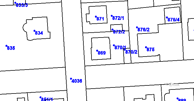 Parcela st. 869 v KÚ Modřany, Katastrální mapa