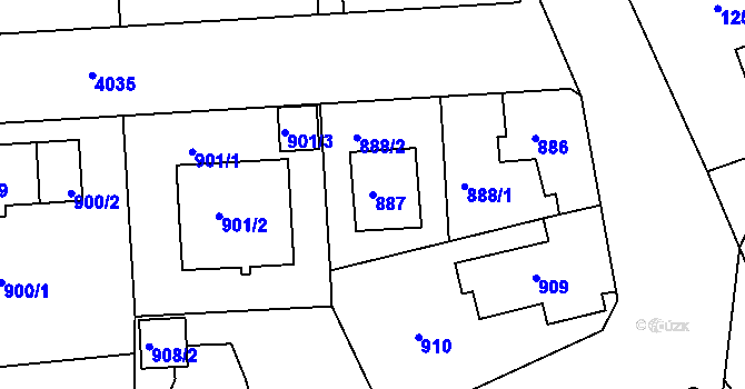 Parcela st. 887 v KÚ Modřany, Katastrální mapa