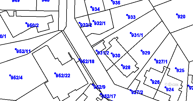 Parcela st. 931/2 v KÚ Modřany, Katastrální mapa