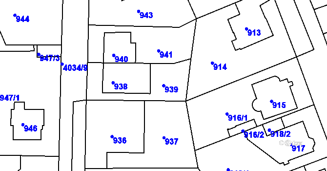 Parcela st. 939 v KÚ Modřany, Katastrální mapa