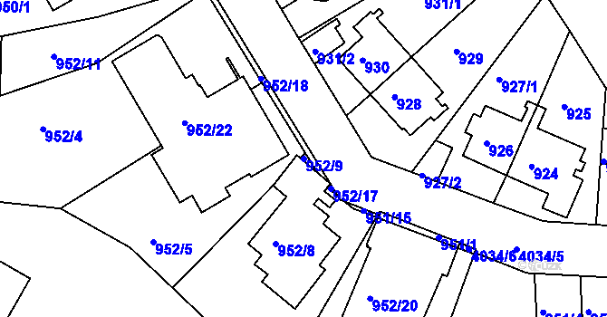 Parcela st. 952/9 v KÚ Modřany, Katastrální mapa