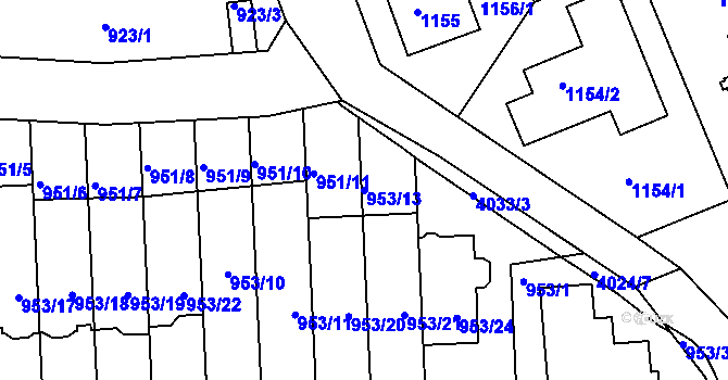 Parcela st. 953/13 v KÚ Modřany, Katastrální mapa