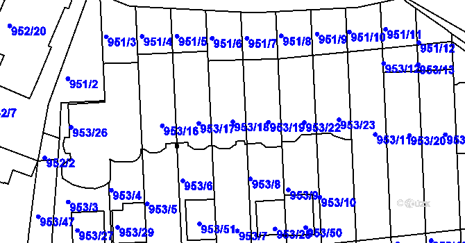 Parcela st. 953/18 v KÚ Modřany, Katastrální mapa