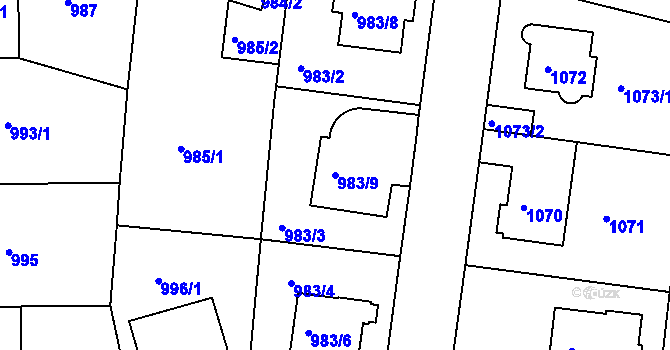 Parcela st. 983/9 v KÚ Modřany, Katastrální mapa