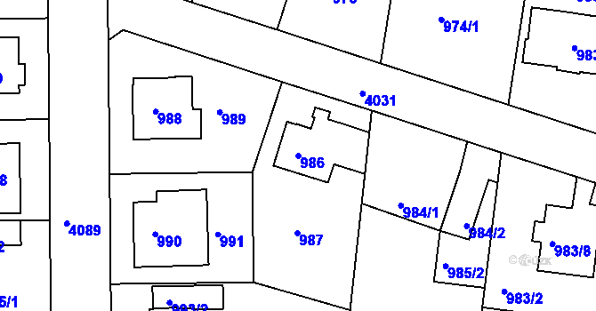Parcela st. 986 v KÚ Modřany, Katastrální mapa
