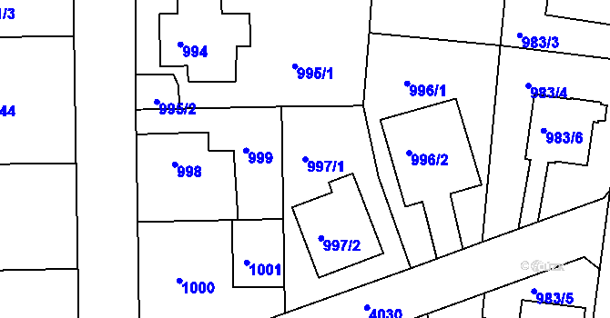 Parcela st. 997/1 v KÚ Modřany, Katastrální mapa