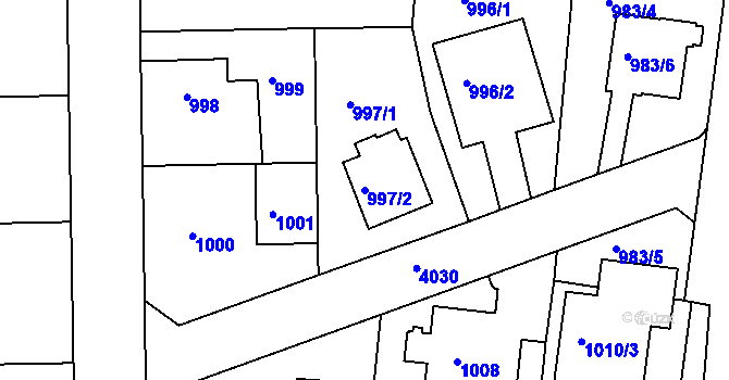 Parcela st. 997/2 v KÚ Modřany, Katastrální mapa