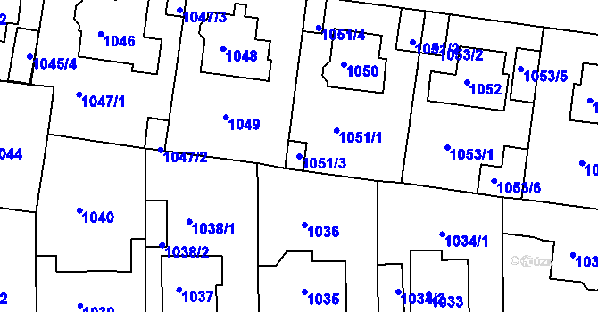 Parcela st. 1051/3 v KÚ Modřany, Katastrální mapa