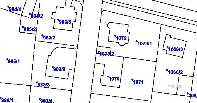 Parcela st. 1073/2 v KÚ Modřany, Katastrální mapa