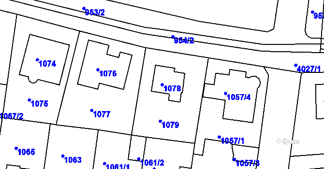 Parcela st. 1078 v KÚ Modřany, Katastrální mapa