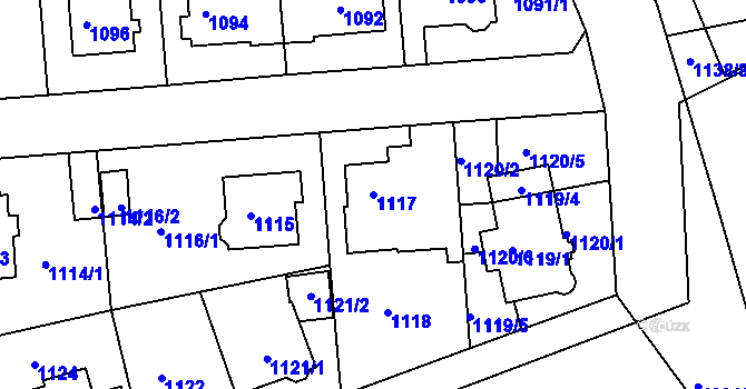 Parcela st. 1117 v KÚ Modřany, Katastrální mapa