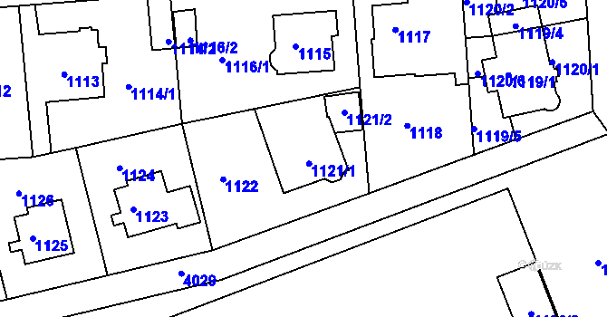 Parcela st. 1121 v KÚ Modřany, Katastrální mapa