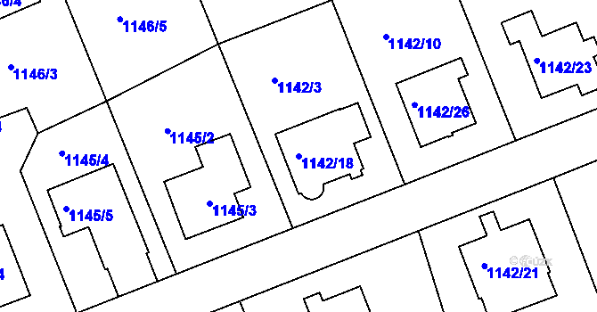 Parcela st. 1142/18 v KÚ Modřany, Katastrální mapa