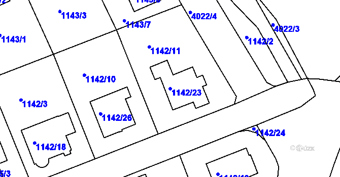 Parcela st. 1142/23 v KÚ Modřany, Katastrální mapa