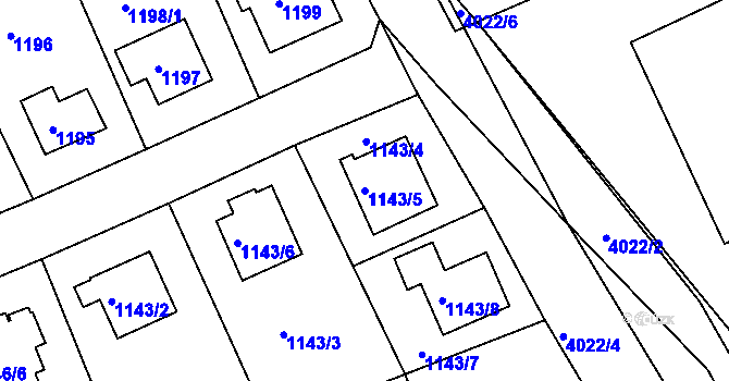 Parcela st. 1143/5 v KÚ Modřany, Katastrální mapa