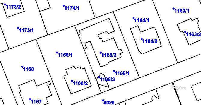 Parcela st. 1165/2 v KÚ Modřany, Katastrální mapa