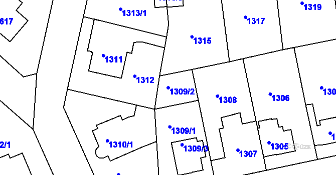 Parcela st. 1309/2 v KÚ Modřany, Katastrální mapa