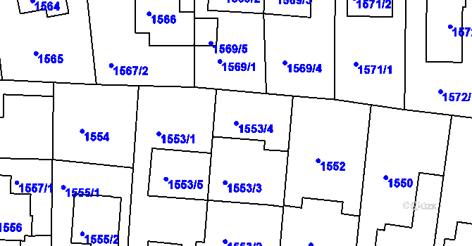 Parcela st. 1553/4 v KÚ Modřany, Katastrální mapa