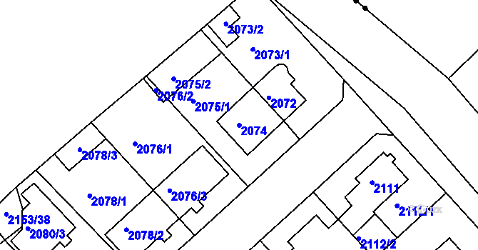 Parcela st. 2074 v KÚ Modřany, Katastrální mapa