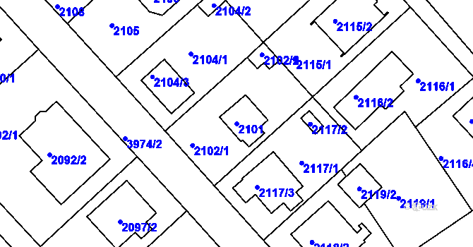 Parcela st. 2101 v KÚ Modřany, Katastrální mapa