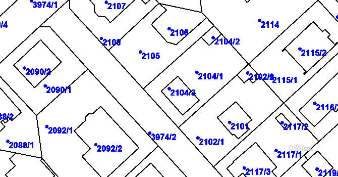 Parcela st. 2104/3 v KÚ Modřany, Katastrální mapa