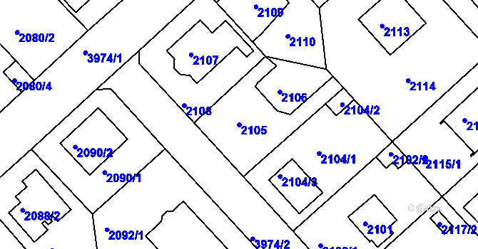 Parcela st. 2105 v KÚ Modřany, Katastrální mapa