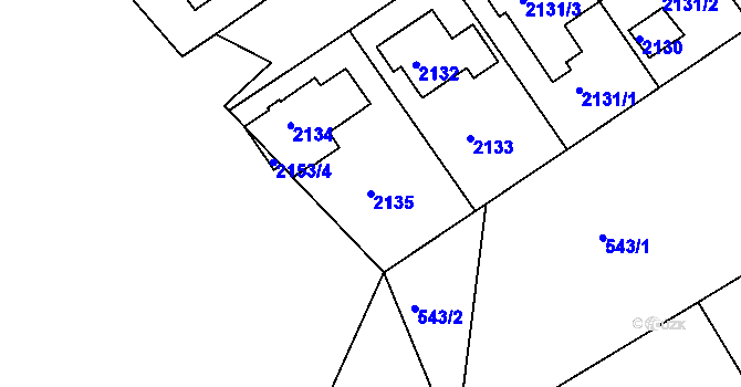 Parcela st. 2135 v KÚ Modřany, Katastrální mapa