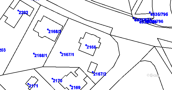 Parcela st. 2166 v KÚ Modřany, Katastrální mapa