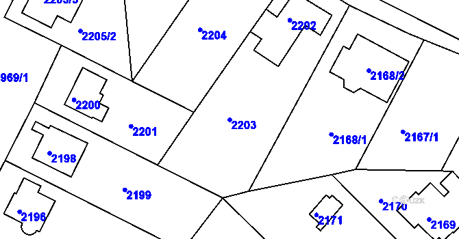 Parcela st. 2203 v KÚ Modřany, Katastrální mapa
