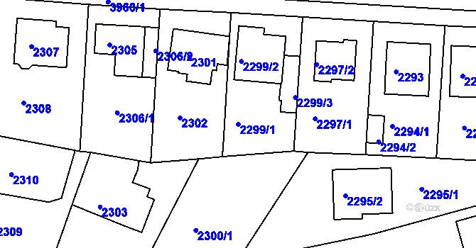 Parcela st. 2299/1 v KÚ Modřany, Katastrální mapa