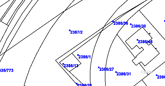 Parcela st. 2386/25 v KÚ Modřany, Katastrální mapa