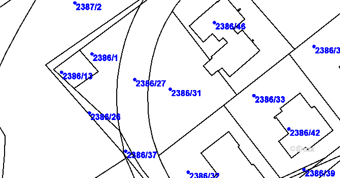 Parcela st. 2386/31 v KÚ Modřany, Katastrální mapa