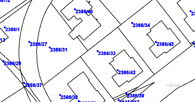 Parcela st. 2386/33 v KÚ Modřany, Katastrální mapa