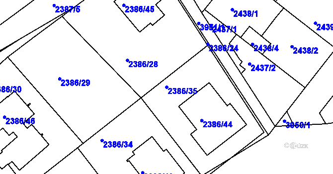 Parcela st. 2386/35 v KÚ Modřany, Katastrální mapa