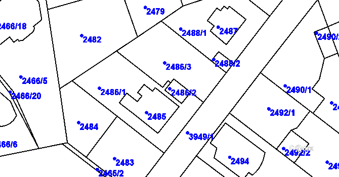 Parcela st. 2486/2 v KÚ Modřany, Katastrální mapa