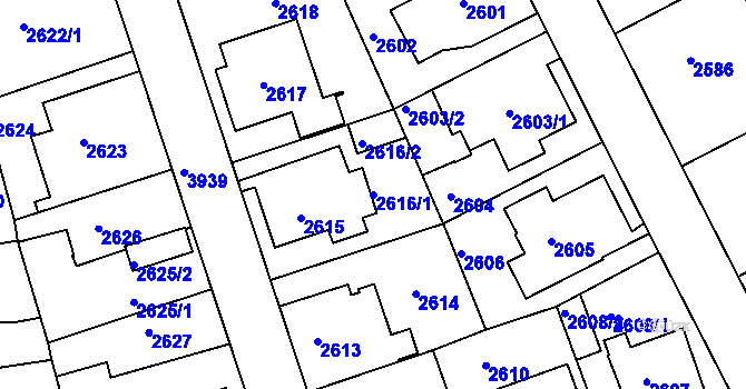 Parcela st. 2616/1 v KÚ Modřany, Katastrální mapa