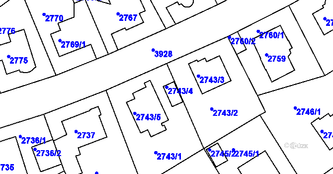 Parcela st. 2743/4 v KÚ Modřany, Katastrální mapa