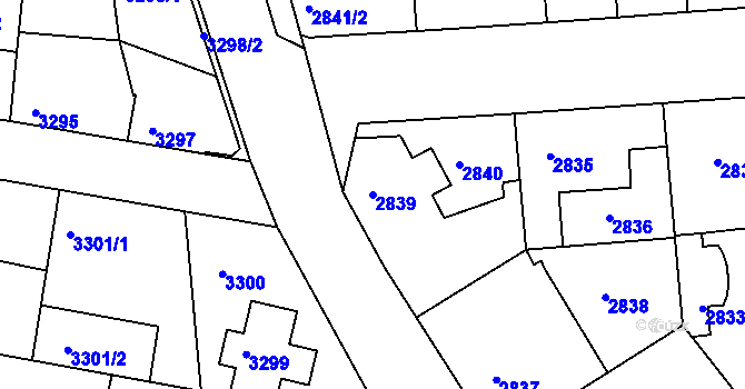 Parcela st. 2839 v KÚ Modřany, Katastrální mapa