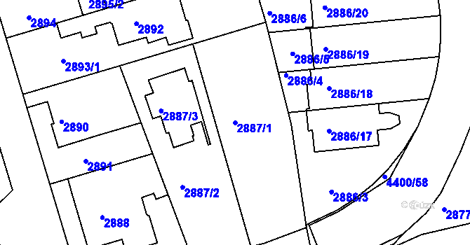 Parcela st. 2887/1 v KÚ Modřany, Katastrální mapa