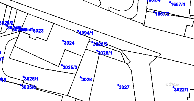 Parcela st. 3026/1 v KÚ Modřany, Katastrální mapa