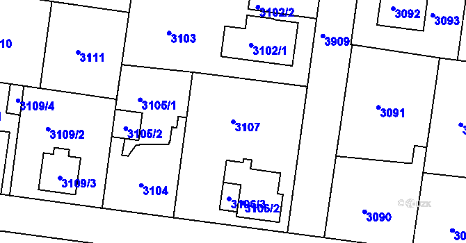 Parcela st. 3107 v KÚ Modřany, Katastrální mapa