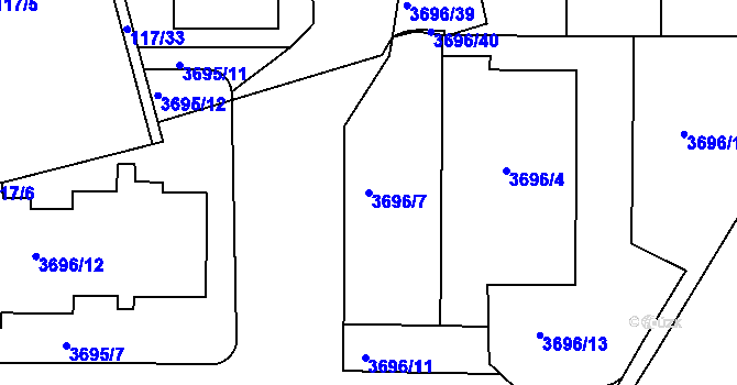 Parcela st. 3696/7 v KÚ Modřany, Katastrální mapa