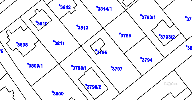 Parcela st. 3796 v KÚ Modřany, Katastrální mapa