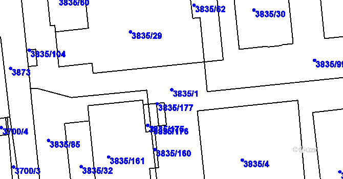 Parcela st. 3835/1 v KÚ Modřany, Katastrální mapa
