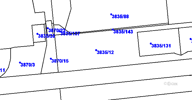 Parcela st. 3835/12 v KÚ Modřany, Katastrální mapa